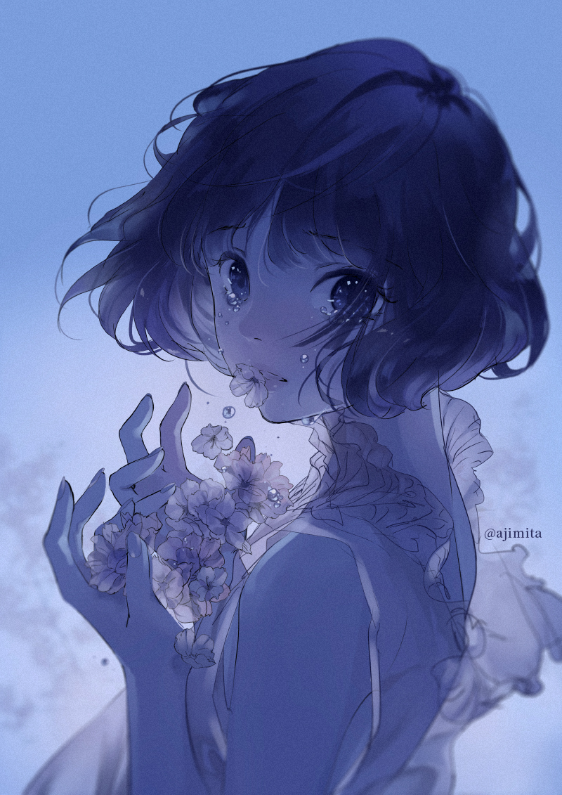 1girl ajimita blue_theme cherry_blossoms coughing_flowers crying crying_with_eyes_open dark dress film_grain flower flower_in_mouth from_side hands_up lipstick looking_at_viewer looking_back makeup original petals short_hair sleeveless sleeveless_dress solo tears twitter_username upper_body wavy_hair wind