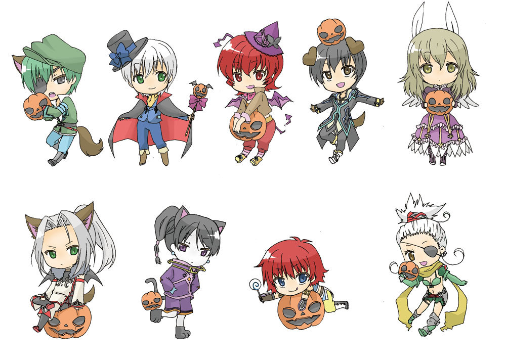 00s 3girls 6+boys alfa_system chibi elize_lutus full_body halloween himawari_(2335871) hinamari_(himawari) iria_animi ivar_(tales) jay_(tales) jude_mathis multiple_boys multiple_girls parted_bangs qq_selesneva reid_hershel ruca_milda spada_belforma tabard tales_of_(series) tales_of_eternia tales_of_innocence tales_of_innocence_r tales_of_legendia tales_of_xillia