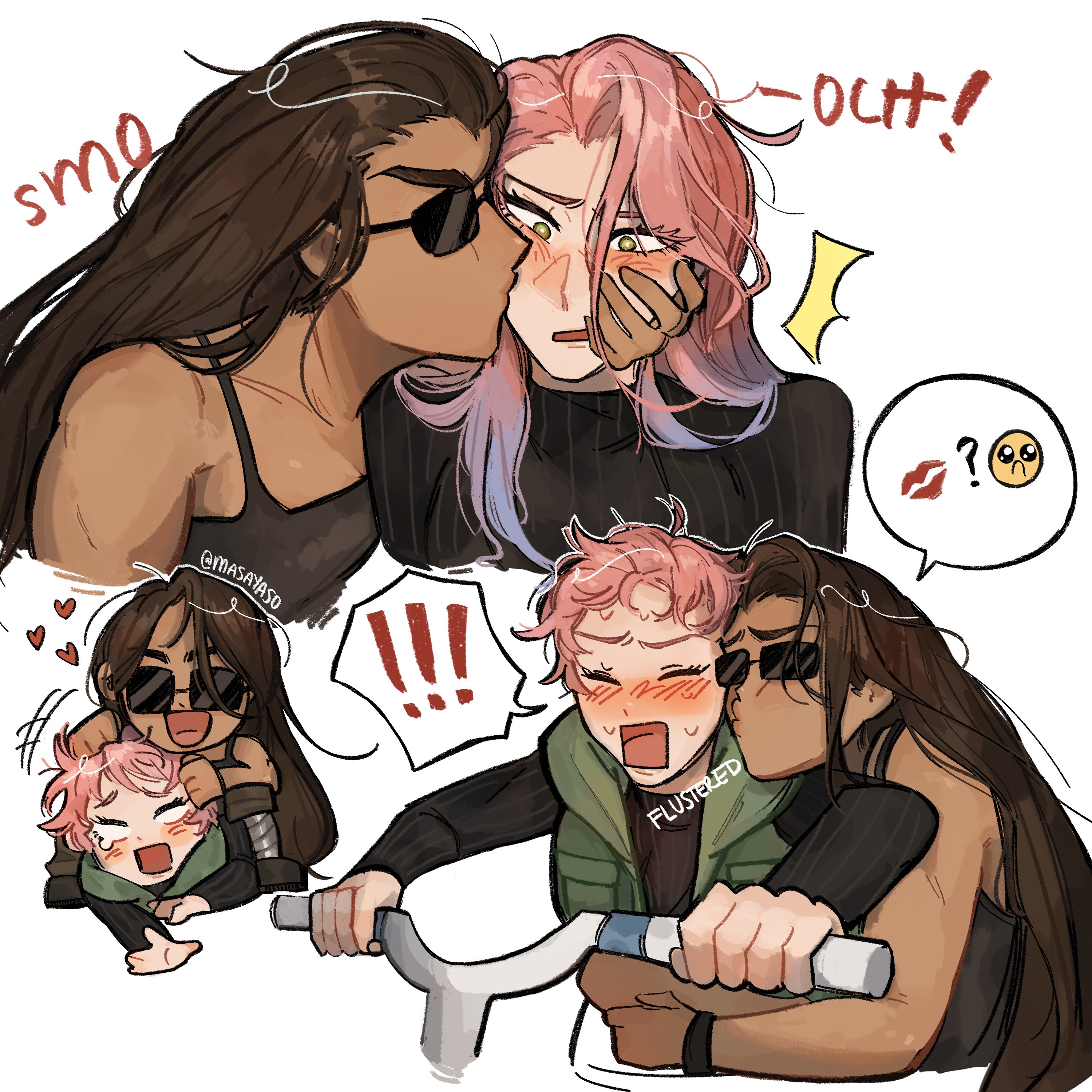 ! !! 2girls absurdres alien_stage black_shirt black_tank_top blank_eyes blue_hair blush brown_hair closed_eyes commentary dark-skinned_female dark_skin emoji english_commentary green_vest hand_on_another's_face handlebar heart highres hyuna_(alien_stage) kiss kissing_cheek lipstick_mark long_hair maie_(masayaso) mizi_(alien_stage) multicolored_hair multiple_girls open_mouth pink_hair puckered_lips rectangular_eyewear ribbed_shirt shirt short_hair spoken_exclamation_mark spoken_symbol sunglasses tank_top two-tone_hair very_short_hair vest yellow_eyes yuri