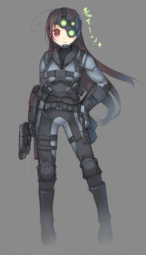 1girl arima_senne bad_id bad_pixiv_id bodysuit boots brown_hair chin_strap contrapposto female_focus fn_five-seven full_body grey_background gun hand_on_own_hip handgun harness holster kashiwamochi_yomogi knee_pads laser laser_pointer_projection laser_sight long_hair looking_at_viewer military night-vision_device night_vision original pdw-caliber_pistol pistol red_eyes red_hair simple_background smile solo splinter_cell standing thigh_holster weapon