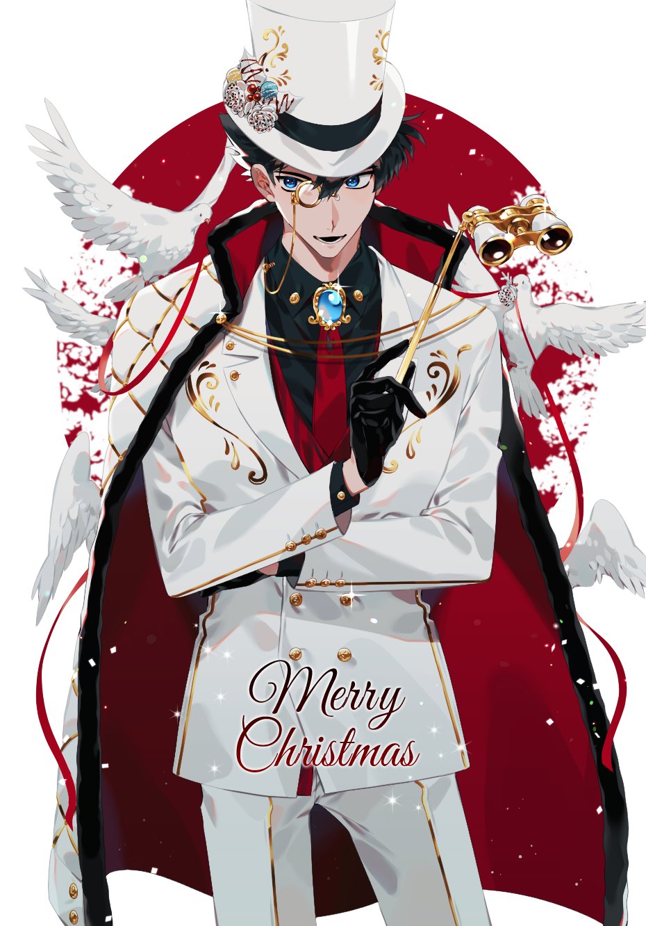 1boy animal binoculars bird black_gloves black_hair black_shirt blue_eyes brooch cape collared_shirt cowboy_shot dove dress_shirt formal_clothes gloves hair_between_eyes hat highres holding jacket jewelry kaitou_kid kidkuroba4869 long_sleeves looking_away magic_kaito male_focus merry_christmas monocle necktie open_mouth opera_glasses pants red_necktie shirt short_hair simple_background smile solo standing suit top_hat white_background white_cape white_hat white_jacket white_pants white_suit