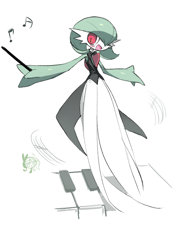 black_bow black_bowtie bob_cut bow bowtie colored_skin conductor_baton dress gardevoir gen_3_pokemon gen_5_pokemon green_hair green_skin legendary_pokemon meloetta meloetta_(aria) multicolored_skin musical_note mythical_pokemon nintendo one_eye_closed open_mouth pink_eyes pokemon pokemon_(creature) simple_background sok_(mr14_c) two-tone_skin white_background white_dress white_skin
