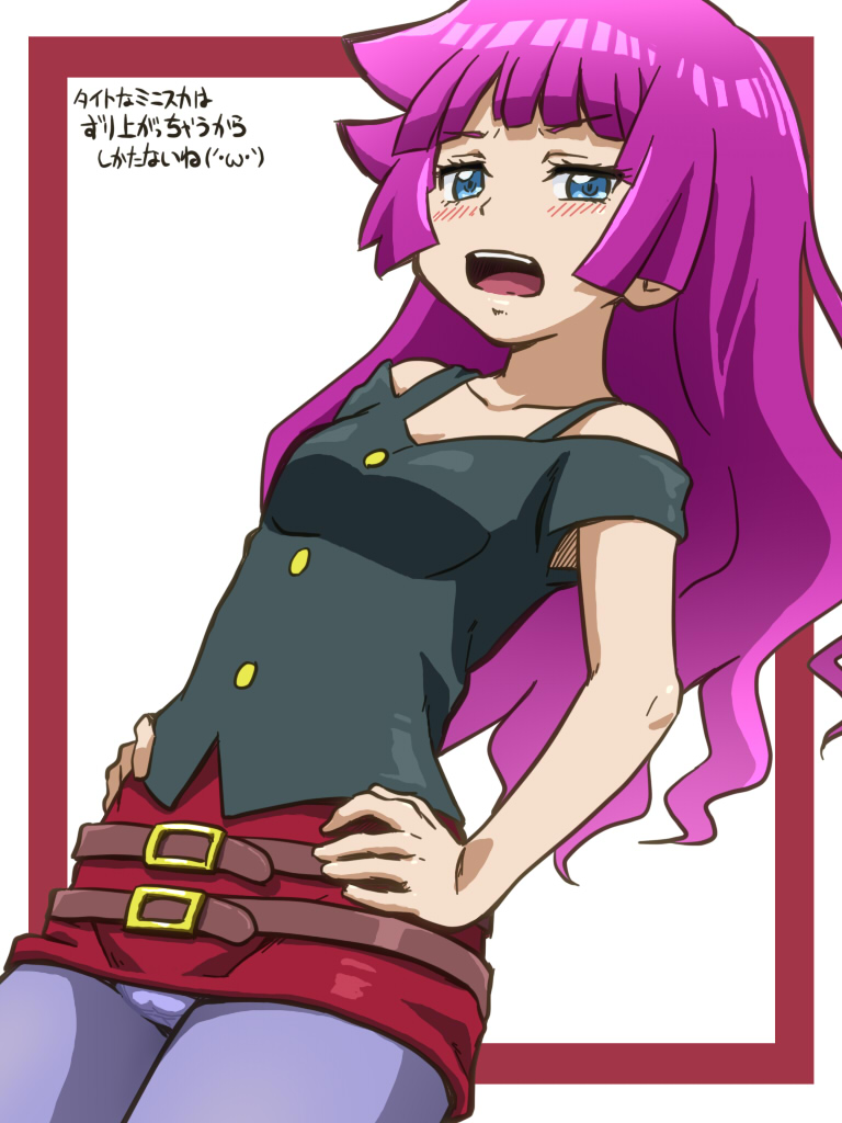 1girl awa belt black_shirt blouse blue_eyes blue_pantyhose blunt_bangs blush breasts hands_on_own_hips kirishima_romin long_hair looking_at_viewer microskirt off_shoulder open_mouth pantyhose purple_hair scowl shirt simple_background skirt solo white_background yu-gi-oh! yu-gi-oh!_sevens
