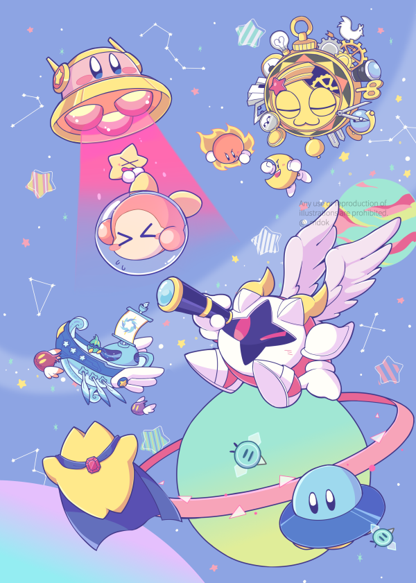 &gt;_&lt; :3 aircraft airship aries_(constellation) armored_boots arms_up artist_name blue_cape blue_eyes blush blush_stickers boots cape character_request closed_eyes commentary_request constellation copy_ability crescent_moon darpa_(kirby) dippa_(kirby) dupa_(kirby) feathered_wings flying galacta_knight galactic_nova gears gloves holding holding_telescope horns kirby kirby_(series) light_bulb looking_at_another lor_starcutter mask midooka_(o_k_k) monocular moon mr._bright mr._shine mr._star nintendo on_mini_planet one_eye_closed planet planetary_ring pocket_watch red_eyes sky smile space star_(sky) star_(symbol) starman_(kirby) starry_sky sun telescope twitter_username ufo ufo_(kirby) ufo_kirby v-shaped_eyebrows waddle_dee watch watermark white_gloves white_wings winding_key wings yellow_horns