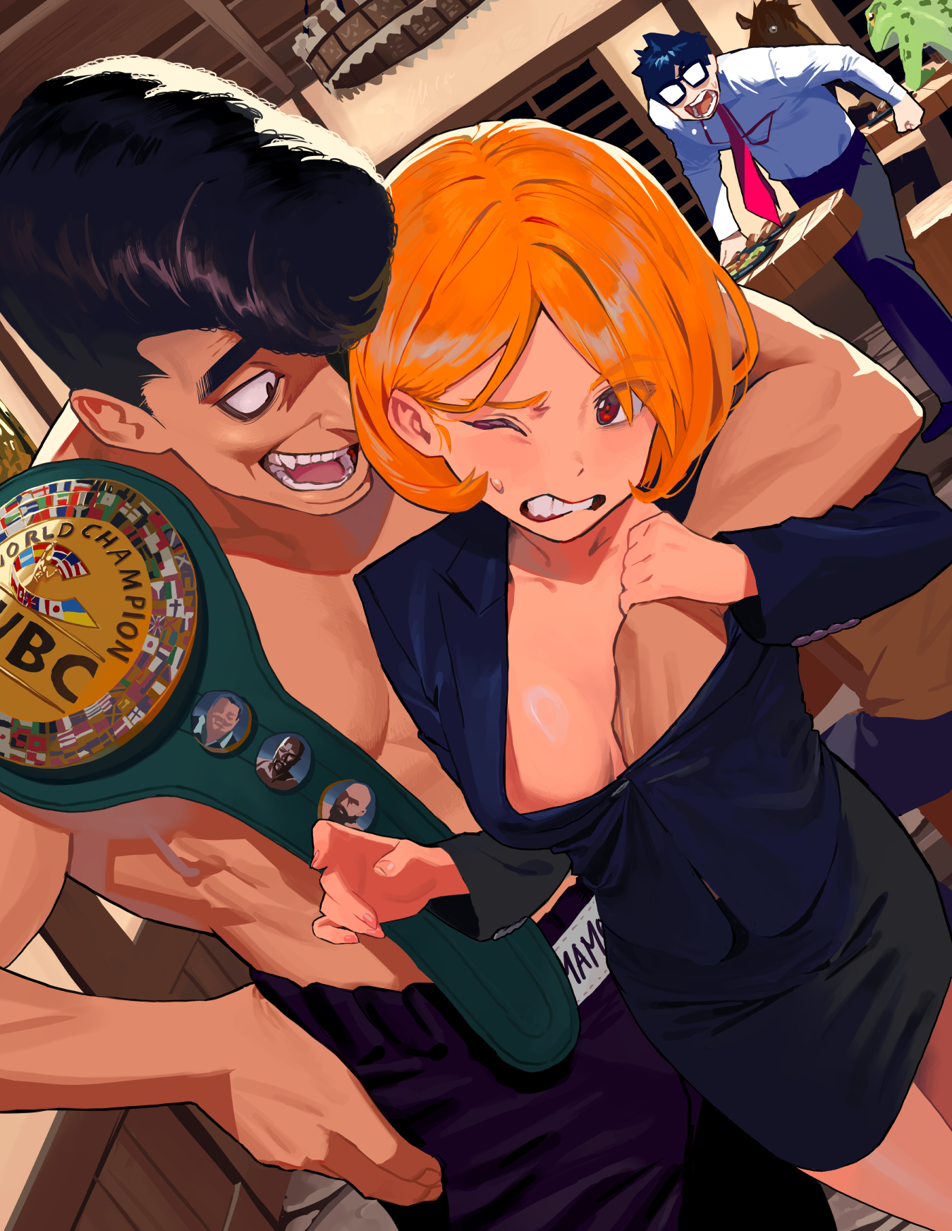 1girl 2boys belt black_jacket black_pants black_skirt blonde_hair bottomless brown_eyes championship_belt clenched_teeth glasses grabbing_another&#039;s_breast grabbing_from_behind groping highres jacket medium_hair molestation multiple_boys necktie one_eye_closed original pants pompadour red_necktie sekoshi_(some1else45) sexual_harassment shirt skirt some1else45 teeth white_shirt