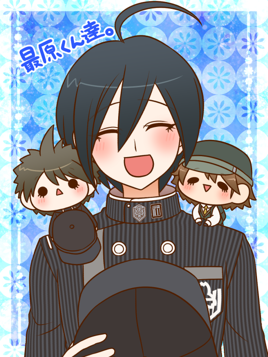 3boys ^_^ ahoge alternate_costume baseball_cap black_eyes black_gloves black_hair black_hat black_hoodie black_jacket black_pants black_vest blue_background brown_hair buttons chibi chibi_on_shoulder closed_eyes collared_jacket collared_shirt commentary_request crest danganronpa_(series) danganronpa_v3:_killing_harmony double-breasted dual_persona eyelashes floral_background gloves grey_hat hair_between_eyes happy hat head_tilt high_collar holding holding_unworn_clothes holding_unworn_hat hood hood_down hoodie jacket light_blush long_sleeves multiple_boys neckerchief open_mouth pale_skin pants pinstripe_jacket pinstripe_pattern pocket polka_dot polka_dot_background prototype_design saihara_shuichi shirt short_hair smile solid_oval_eyes straight-on unworn_hat unworn_headwear upper_body vest white_shirt yellow_neckerchief yumaru_(marumarumaru)