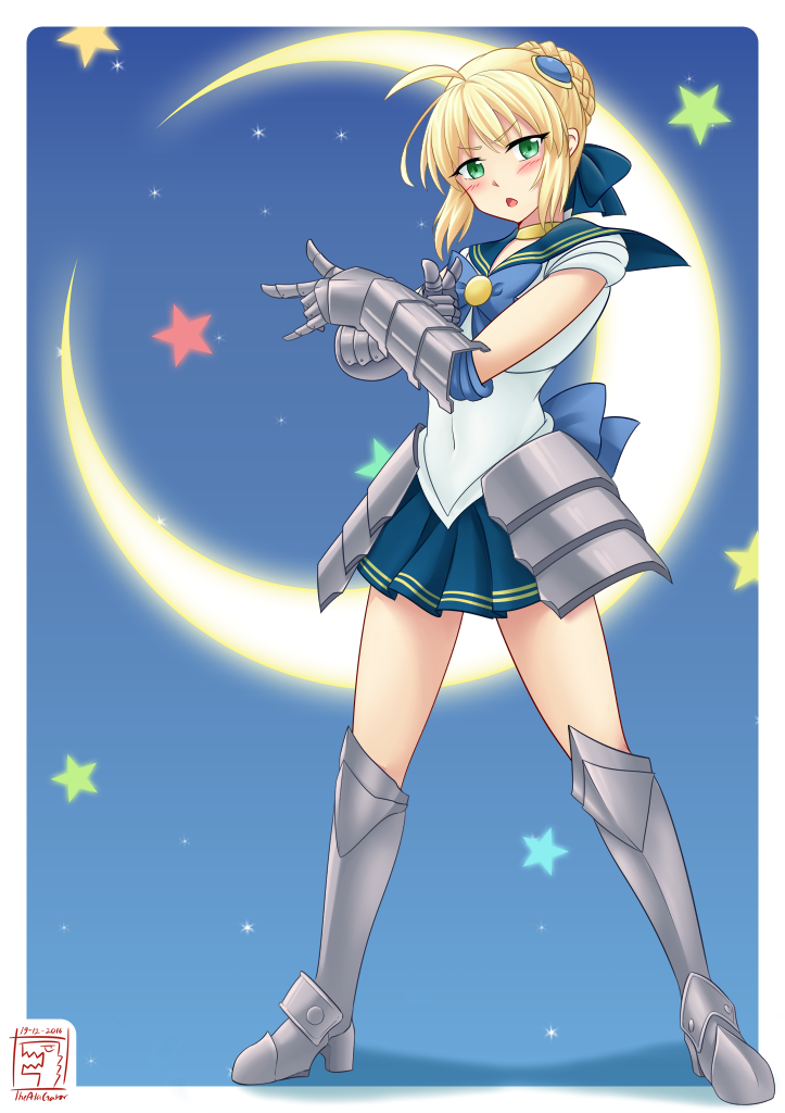 1girl 2016 ahoge armor armored_boots artoria_pendragon_(fate) bad_id bad_pixiv_id bishoujo_senshi_sailor_moon blonde_hair blue_background blue_bow blue_skirt blush boots bow braid braided_bun brooch choker cosplay crescent_moon dated embarrassed fate/stay_night fate_(series) faulds female_focus green_eyes grey_boots hair_bun hair_ornament jewelry knee_boots looking_at_viewer magical_girl metal_gloves moon open_mouth parody pleated_skirt saber_(fate) sailor_senshi sailor_senshi_(cosplay) sailor_senshi_uniform short_hair signature skirt solo star_(symbol) thealagator tsuki_ni_kawatte_oshioki_yo unofficial_sailor_senshi_uniform