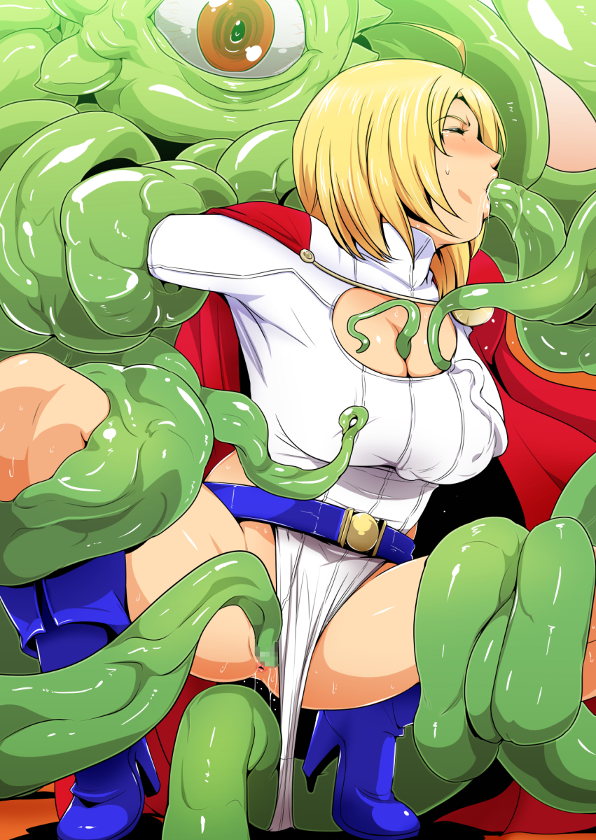 1girl ahoge anus bdsm blonde_hair blush bondage boots bound breasts cape censored cleavage closed_eyes crossover dc_comics female_focus greco_roman_(spiral_brain) high_heels highres leotard leotard_pull marvel monster nipple_stimulation nipple_tweak oral power_girl pussy pussy_juice rape restrained short_hair shuma_gorath squatting sweat tears tentacles vaginal wince