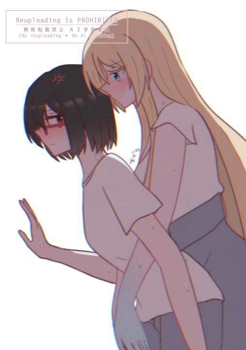 2girls anger_vein black_hair blonde_hair blue_eyes blush closed_mouth commentary_request hug hug_from_behind kamikoshi_sorawo kgr_1622 multiple_girls nishina_toriko red-framed_eyewear red_eyes shirt short_hair short_sleeves simple_background sweat transparent_hand urasekai_picnic watermark white_background white_shirt yuri