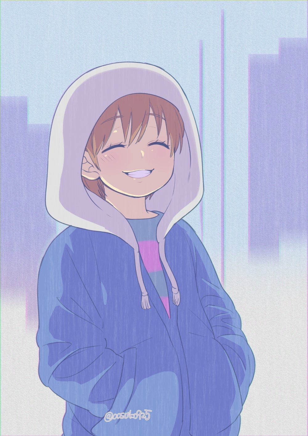 1other :d ^_^ anime_coloring backlighting blue_jacket blue_shirt blue_sky brown_hair building closed_eyes commentary_request cosplay drawstring facing_viewer film_grain frisk_(undertale) grin hair_between_eyes hands_in_pockets highres hood hood_up hooded_jacket jacket naoki_(oosuko) open_mouth other_focus outdoors partially_unzipped pink_shirt pixie_cut pocket rain sans_(undertale) sans_(undertale)_(cosplay) shirt short_hair sky skyscraper smile solo striped_clothes striped_shirt two-tone_shirt undertale upper_body white_hood