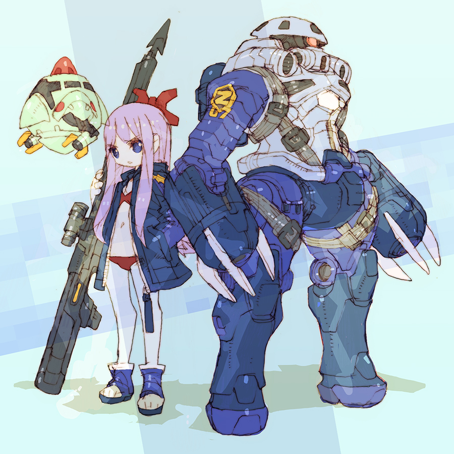 1girl bikini blue_coat blue_eyes claws coat commentary_request gundam hair_ribbon hand_in_pocket harpoon harpoon_gun holding holding_weapon long_hair long_sleeves looking_at_viewer mobile_suit mobile_suit_gundam nakayama_tooru one-eyed open_clothes open_coat original parted_lips purple_hair red_bikini red_eyes red_ribbon redesign ribbon science_fiction standing swimsuit toeless_footwear very_long_hair weapon z&#039;gok zock