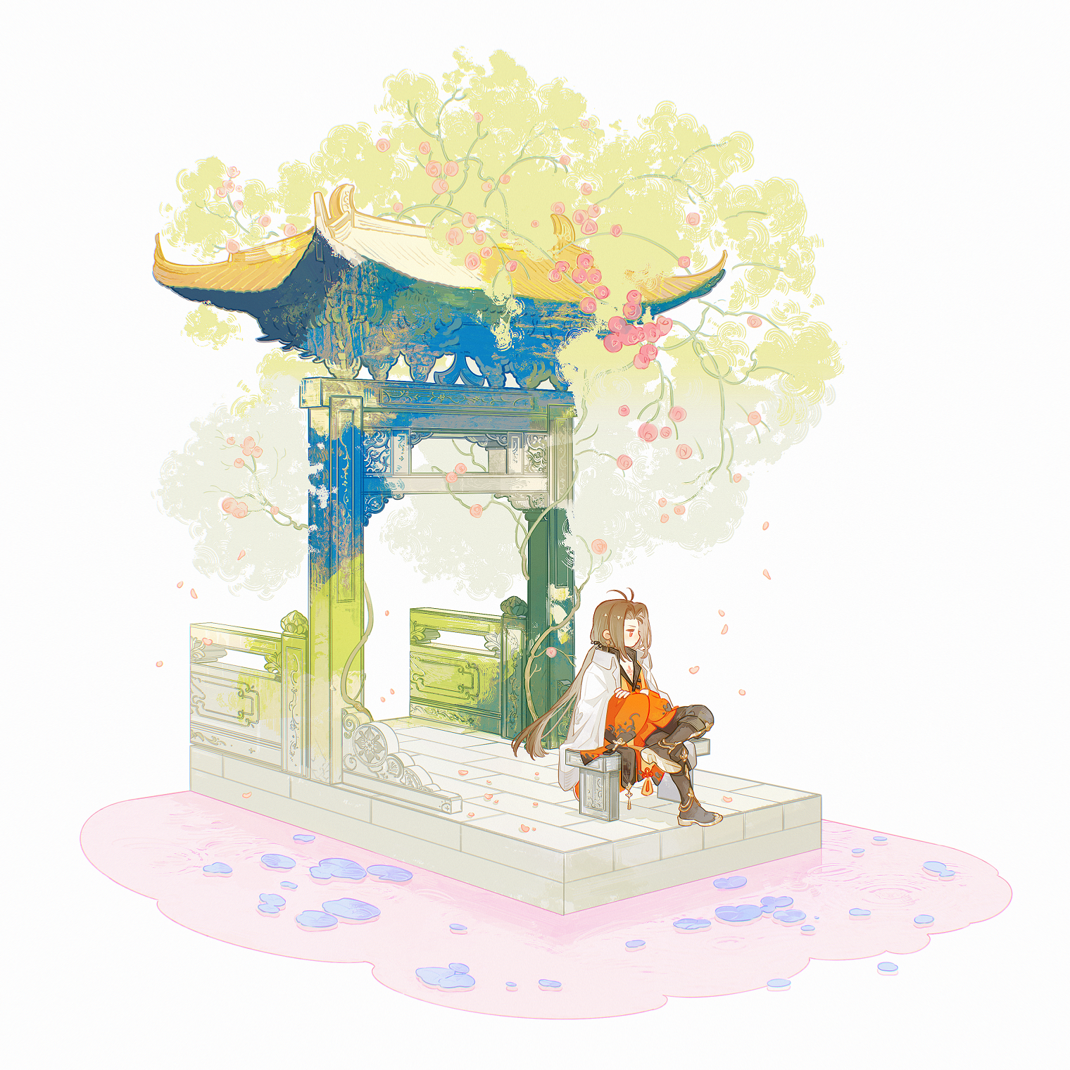 1boy antenna_hair architecture bench black_boots black_pants boots brown_hair cape chest_tattoo chinese_clothes closed_mouth collared_cape crossed_arms curtained_hair earrings east_asian_architecture expressionless falling_petals figure_four_sitting flower gate highres jewelry knee_boots lianhua_blood_duck_(the_tale_of_food) lily_pad long_hair long_sleeves low_ponytail male_focus official_alternate_costume open_clothes open_robe pants parted_bangs petals pier pink_flower plant ponytail red_eyes red_robe robe shuling simple_background sitting solo stone_bench tangzhuang tattoo the_tale_of_food tree vines water white_cape wide_sleeves
