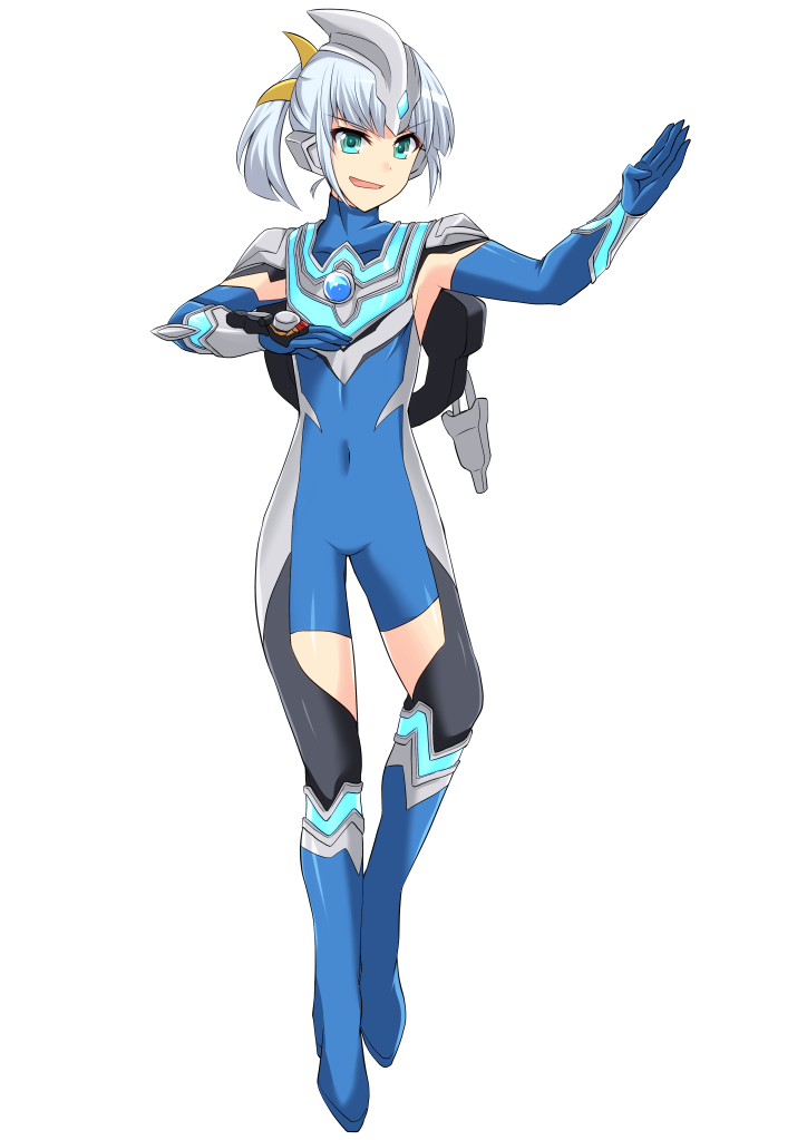 1girl armor black_bodysuit blue_armor blue_bodysuit blue_footwear blue_gloves blue_hair blush bodysuit boots bracelet charm_(object) color_timer cross_(crossryou) fighting_stance gloves green_eyes grey_armor grey_bodysuit hair_ribbon headpiece high_heels jewelry long_hair looking_at_viewer open_mouth personification ponytail ribbon shoulder_pads smile standing taiga_spark ultra_series ultra_taiga_accessory ultraman_fuma ultraman_taiga_(series) white_background wristband yellow_ribbon