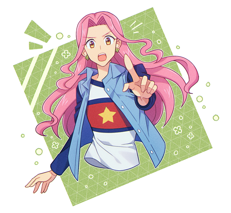 1girl blue_shirt blue_vest digimon digimon_adventure_-beyond- four-leaf_clover_earrings green_background grey_background long_hair momofukki pink_hair pointing pointing_at_viewer print_shirt red_shirt shirt simple_background solo star_(symbol) star_print tachikawa_mimi upper_body vest white_shirt yellow_eyes