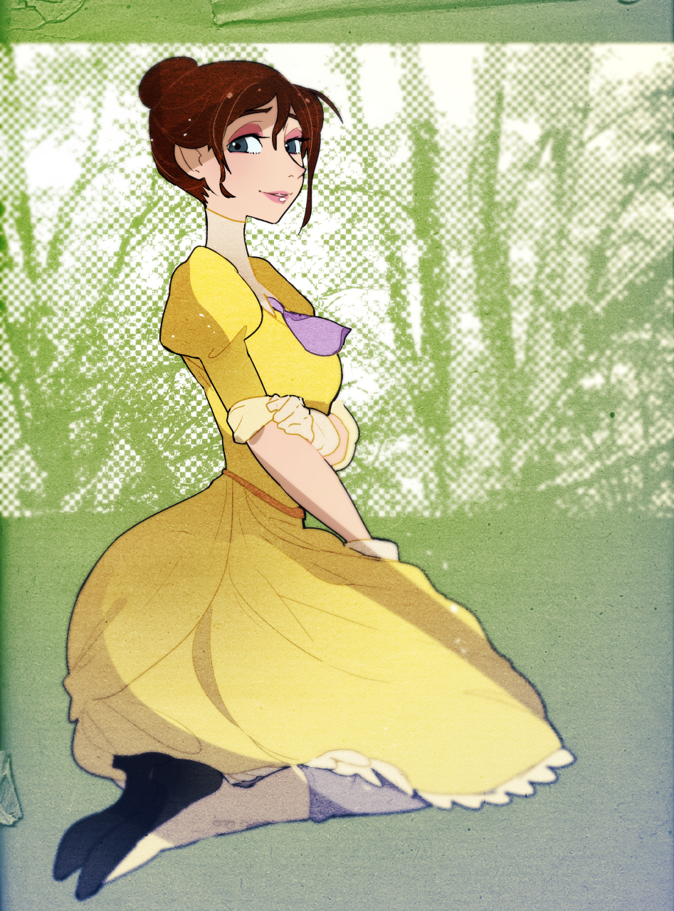 1girl ascot black_shoes blue_eyes blue_leggings breasts brown_hair disney dress eyeshadow female_focus frilled_dress frills from_side full_body gloves green_background hair_bun hand_up happy high_heels highres idkuroi jane_porter juliet_sleeves leggings legs_together lips lipstick long_sleeves looking_at_viewer makeup medium_breasts parted_lips pink_eyeshadow puffy_sleeves purple_ascot shoes short_hair single_hair_bun sitting sleeves_rolled_up smile solo tarzan teeth white_gloves yellow_dress yokozuwari