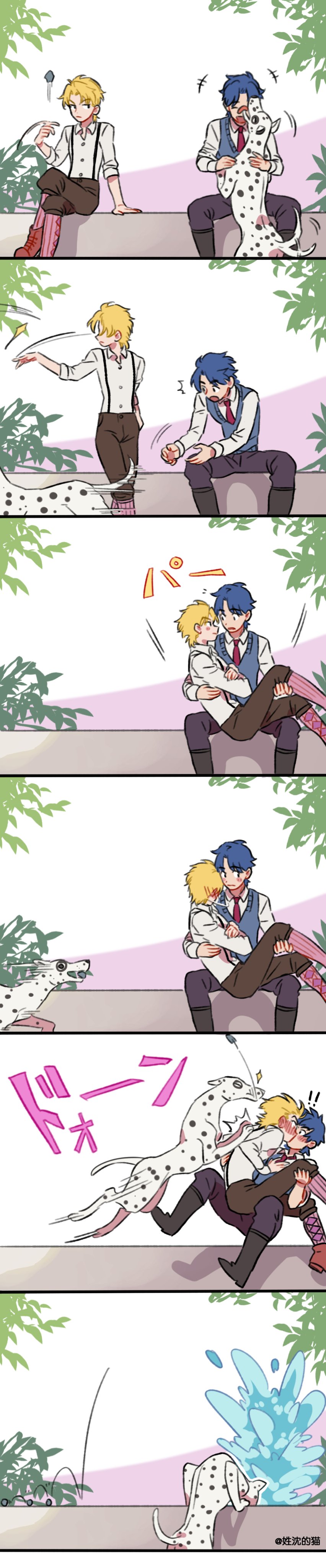 ! !! 2boys absurdres aged_down blonde_hair blue_hair blush brown_pants comic danny_(jojo) dio_brando dog fountain full-face_blush highres honlo jojo_no_kimyou_na_bouken jonathan_joestar kiss looking_at_another male_focus multiple_boys outdoors pants phantom_blood plant rock shirt short_hair sitting sitting_on_person smile suspenders sweater_vest water white_shirt yaoi