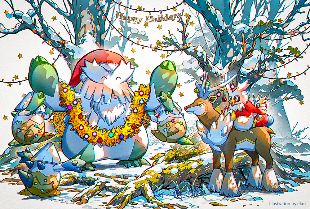 ^_^ abomasnow arms_up artist_name christmas christmas_lights closed_eyes commentary delibird ekm game_freak gen_2_pokemon gen_4_pokemon gen_5_pokemon hat iron_bundle nintendo pokemon red_hat riding riding_pokemon santa_hat sawsbuck snover snow standing star_(symbol) symbol-only_commentary tinsel tree white_background