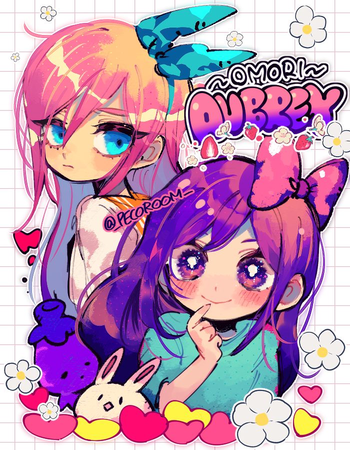 2girls animal aubrey_(faraway)_(omori) aubrey_(headspace)_(omori) aubrey_(omori) back-to-back blue_eyes blue_hairband blue_shirt bow bow_hairband character_name closed_mouth commentary_request copyright_name cropped_torso dual_persona eyelashes finger_to_mouth flower food frown fruit grid_background hair_between_eyes hair_bow hairband halftone hand_up heart long_hair looking_at_viewer mr._plantegg_(omori) multiple_girls omori orange_sailor_collar outline pink_bow pink_hair purple_eyes purple_hair repikinoko sailor_collar shirt short_sleeves simple_background smile straight_hair strawberry strawberry_slice stuffed_eggplant stuffed_toy white_background white_flower white_outline white_rabbit_(animal)