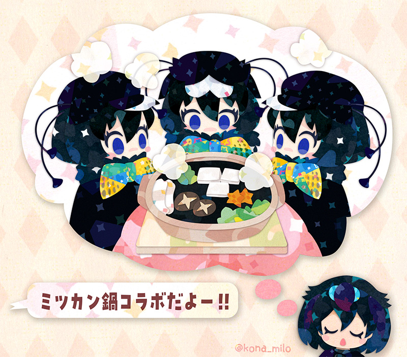 bird_girl bird_wings black_hair blue_eyes bow bowtie cape closed_eyes feathered_wings food hat head_wings kemono_friends kikuchi_milo kotatsu multiple_girls nabe pink_background short_hair simple_background superb_bird-of-paradise_(kemono_friends) table translation_request western_parotia_(kemono_friends) wings