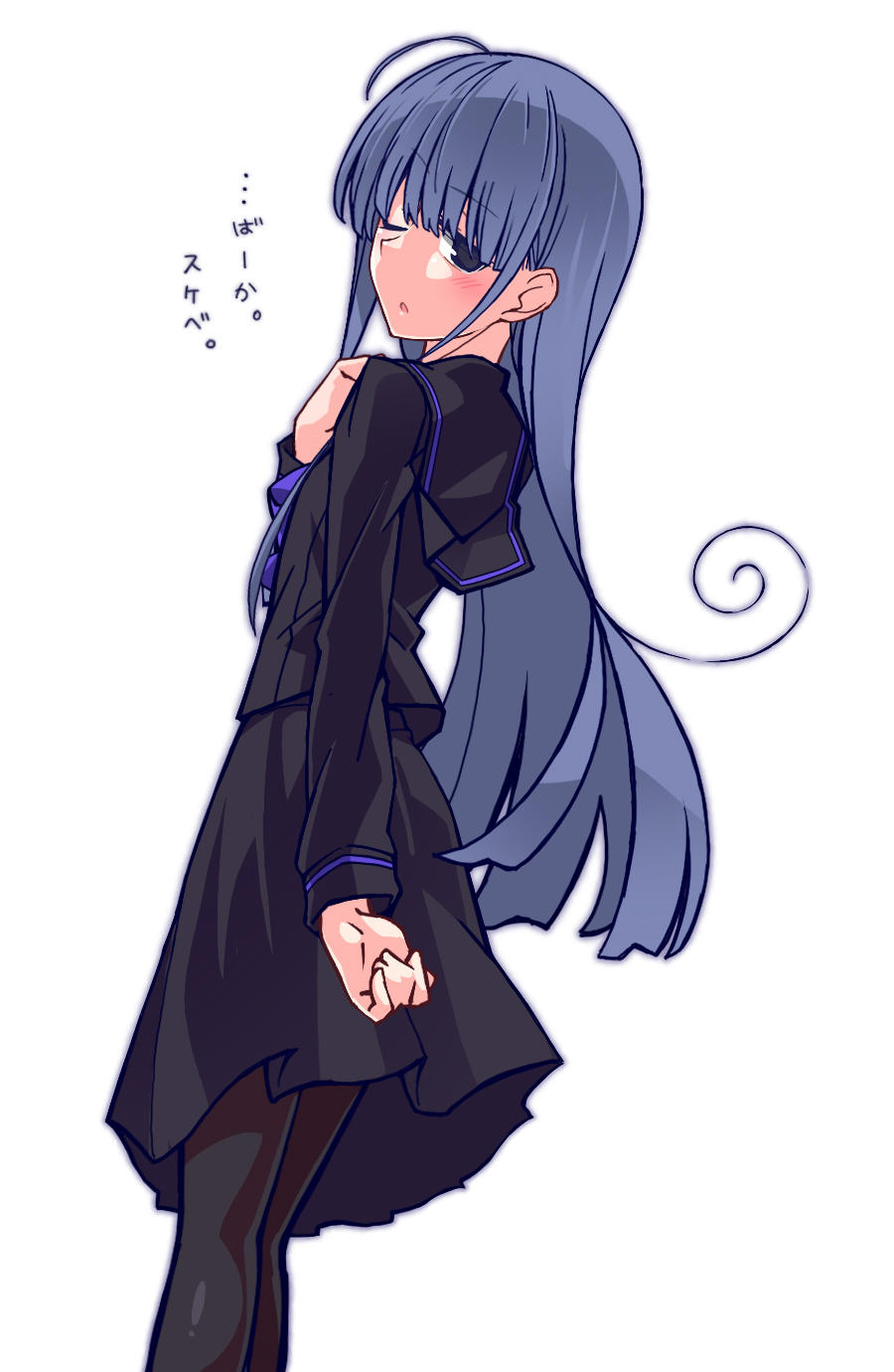 1girl black_dress black_sailor_collar black_serafuku black_skirt blue_hair blush dress highres kazami_nobuko long_hair long_sleeves looking_at_viewer original oteruko_(wanabeee) pantyhose parted_lips sailor_collar school_uniform serafuku simple_background skirt solo very_long_hair white_background