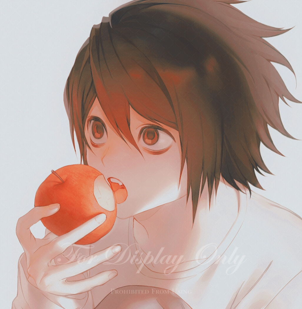 1boy apple backlighting bags_under_eyes bitten_apple black_hair chinese_commentary collarbone commentary_request death_note dual_wielding fingernails food food_bite from_above fruit grey_background hair_between_eyes hand_up holding holding_food holding_fruit knee_up l_(death_note) long_sleeves looking_ahead male_focus ningzzz pale_skin portrait red_eyes shirt short_hair simple_background solo swept_bangs white_shirt