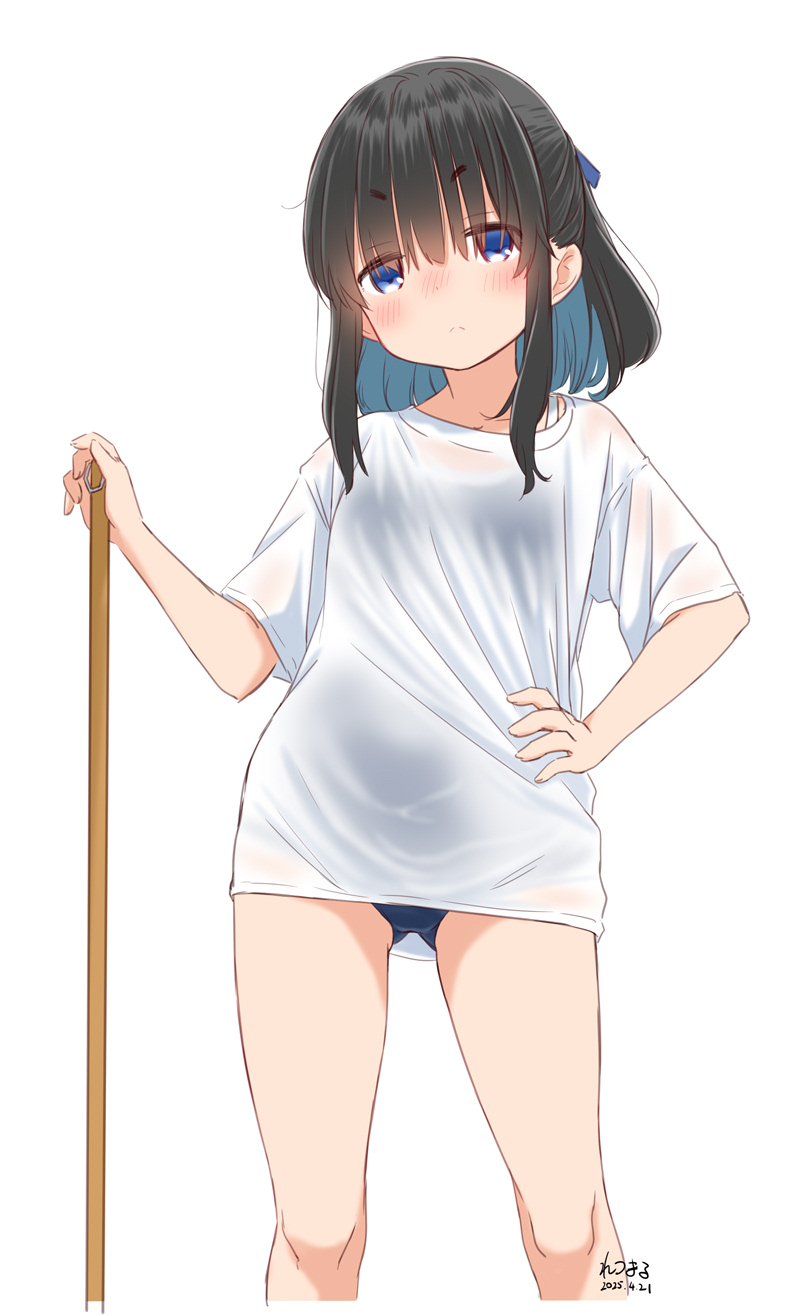 1girl black_hair blue_eyes blue_hair blue_one-piece_swimsuit breasts cleaning_brush colored_inner_hair feet_out_of_frame gluteal_fold half_updo hand_on_own_hip highres medium_breasts multicolored_hair one-piece_swimsuit original retsumaru shirt simple_background solo swimsuit wet wet_clothes wet_shirt white_background white_shirt