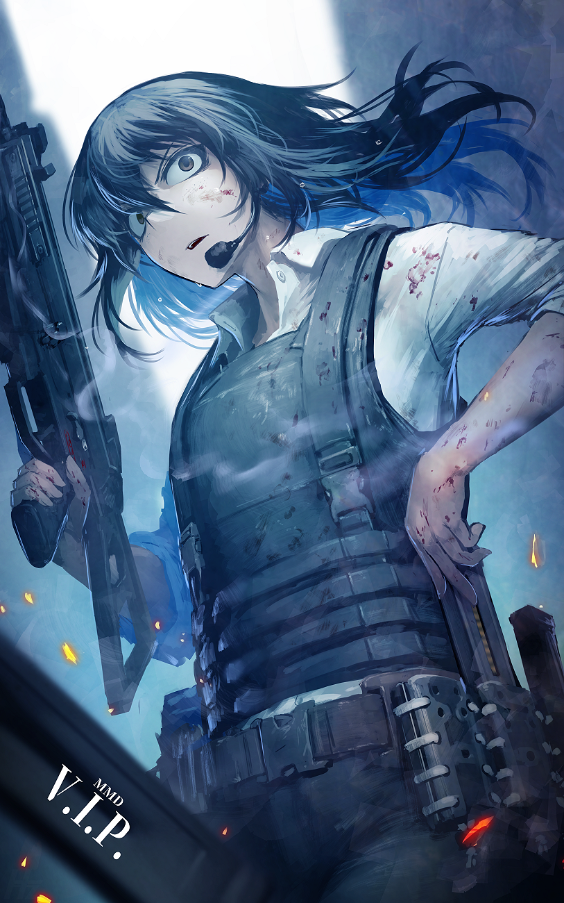 1girl ammunition_pouch assault_rifle belt black_eyes black_hair black_pants black_vest blood blood_on_arm blood_on_clothes blood_on_face blue_theme blurry blurry_background borrowed_character building bulletproof_vest collared_shirt commentary_request constricted_pupils copyright_name cowboy_shot gun h&amp;k_ump hair_between_eyes headset hetza_(hellshock) highres holding holding_weapon long_hair magazine_(weapon) mikumikudance original outdoors pants parted_lips pouch rifle shirt sky sleeves_rolled_up smoke smoking_barrel solo vest weapon white_shirt window_magazine