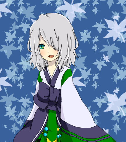 1girl alternate_color blue_background blue_eyes blush boots bow commentary_request cowboy_shot falling_leaves green_skirt grey_hair hair_between_eyes hair_over_one_eye hanbok korean_clothes leaf long_bangs looking_at_viewer lowres maple_leaf medium_hair meiko_(nattu303) open_mouth purple_bow ragnarok_online shirt skirt sleeves_past_fingers sleeves_past_wrists slit_pupils smile solo soul_linker_(ragnarok_online) waist_bow white_shirt