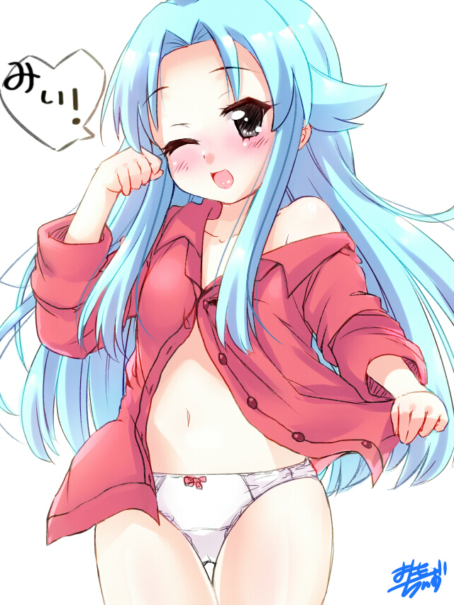 1girl ;d black_eyes blue_hair bow bow_panties dress_shirt female_focus grey_eyes haiyore!_nyaruko-san long_hair looking_at_viewer navel no_pants off_shoulder omochi_(chirori01) one_eye_closed open_mouth panties personification red_shirt shantak_(nyaruko-san) shirt signature sleeves_rolled_up smile solo underwear white_panties wink