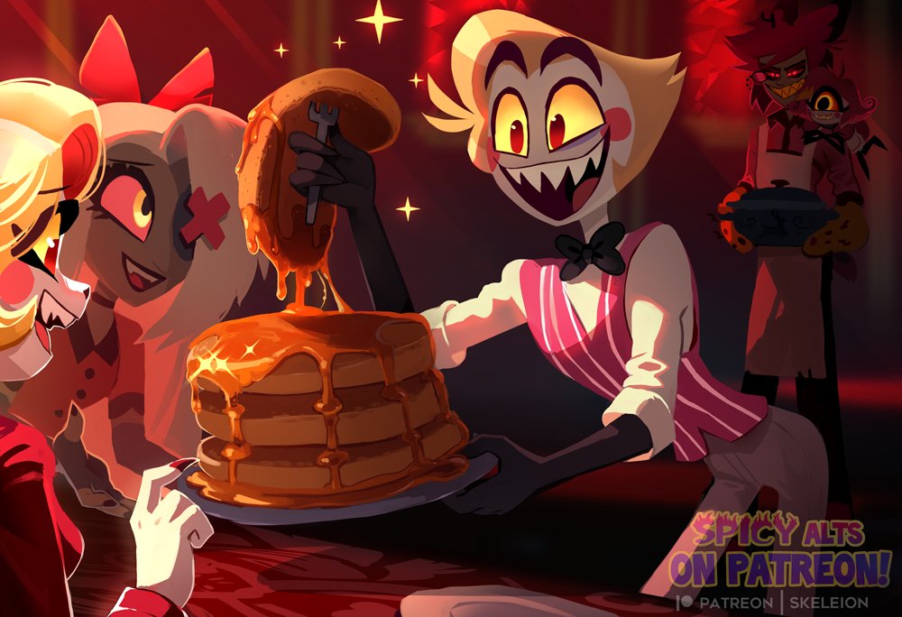 2boys 3girls :d alastor_(hazbin_hotel) animal_ears apron black_bow black_bowtie black_skin blonde_hair bow bowtie charlie_morningstar colored_sclera colored_skin english_text fingernails food fork grey_hair grey_pants grin hazbin_hotel holding holding_fork long_hair lucifer_morningstar_(hazbin_hotel) multiple_boys multiple_girls niffty_(hazbin_hotel) one-eyed open_mouth pancake pants pink_vest red_eyes red_hair red_nails sharp_fingernails sharp_teeth shirt short_hair short_sleeves skeleion smile striped_clothes striped_vest teeth tongue upper_teeth_only vaggie vest watermark white_apron white_shirt yellow_sclera