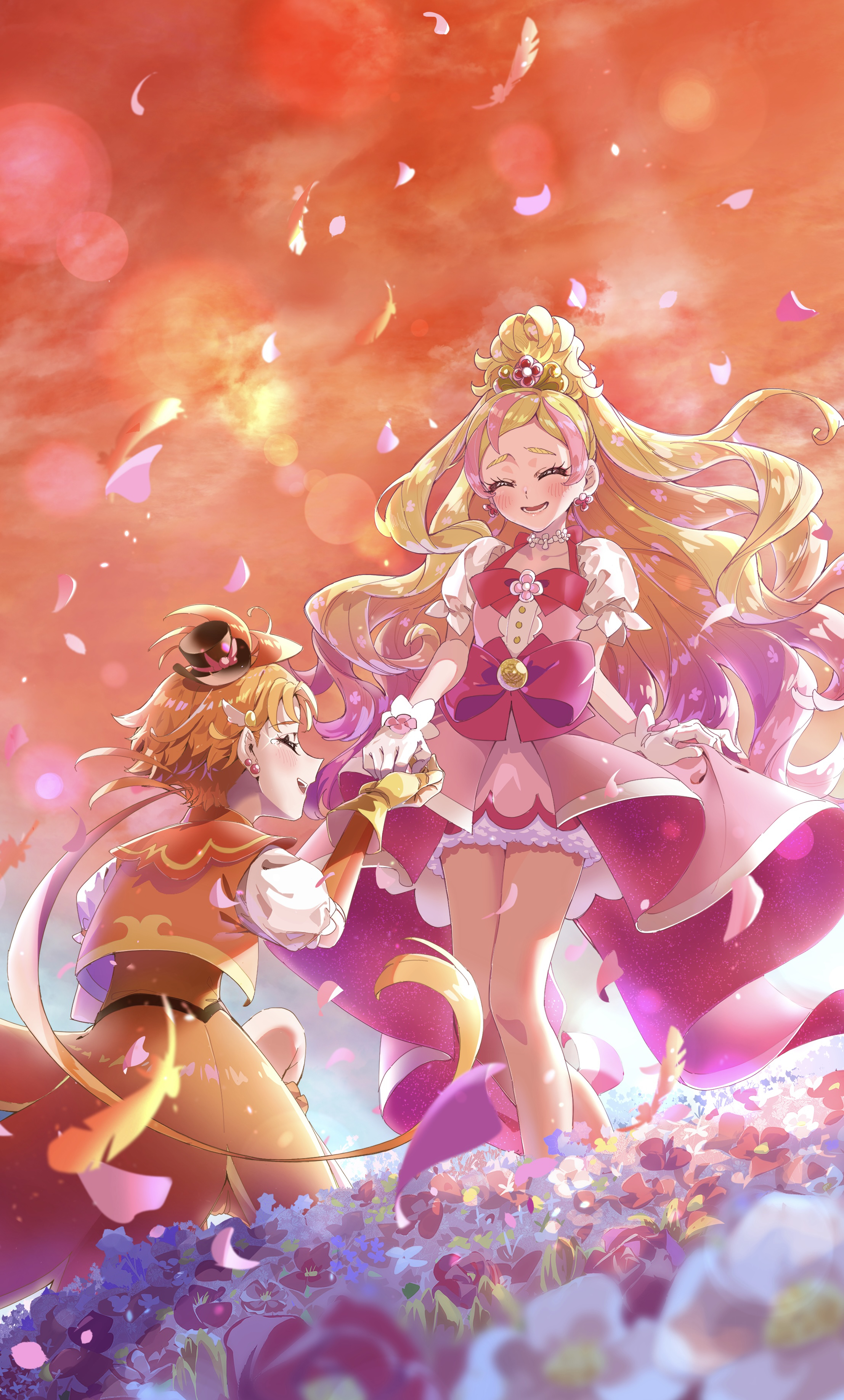 1boy 1girl absurdres blonde_hair bow brooch closed_eyes cure_flora cure_wing dress earrings flower flower_earrings flower_necklace gloves go!_princess_precure hair_flower hair_ornament hat highres hirogaru_sky!_precure jewelry long_hair looking_at_another magical_boy magical_girl mini_hat mini_top_hat multicolored_hair necklace open_mouth orange_gloves orange_hair orange_sailor_collar orange_shorts petals pink_arm_warmers pink_bow pink_hair pink_skirt precure puffy_short_sleeves puffy_sleeves rose sailor_collar short_hair short_sleeves shorts skirt smile star_(symbol) star_earrings streaked_hair sunset top_hat tsukuda_hayato two-tone_hair very_long_hair waist_bow waist_brooch white_gloves wing_brooch wing_hair_ornament