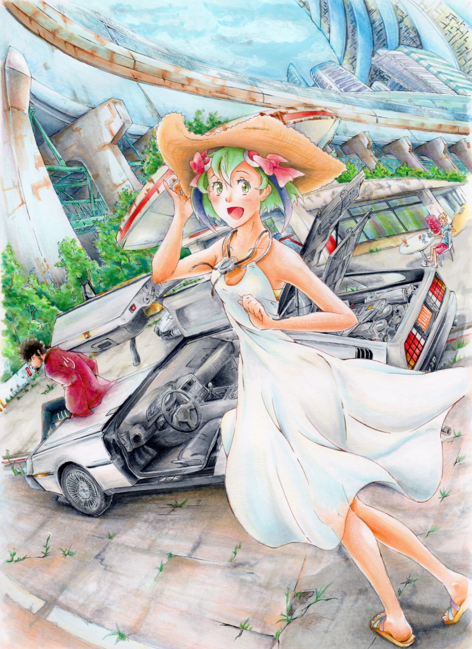10s 1girl 2boys albert_schumann android bare_arms bare_shoulders beard black_hair blonde_hair blue_shirt blue_sky blush building cable cable_tail car cloud collarbone day delorean dimension_w dress drinking_straw facial_hair feet full_body glass green_eyes green_hair gullwing_doors hair_ribbon hand_on_headwear happy hat headgear highres io_(380381) jacket looking_at_viewer looking_back mabuchi_kyoma mechanical_tail motor_vehicle multicolored_hair multiple_boys no_socks open_mouth outdoors pink_ribbon pink_shorts ribbon rust shirt short_hair shorts sideburns sitting sitting_on_object sky skyscraper sleeveless sleeveless_dress slippers standing streaked_hair table tail toes two-tone_hair under_bridge weeds white_dress yurizaki_mira