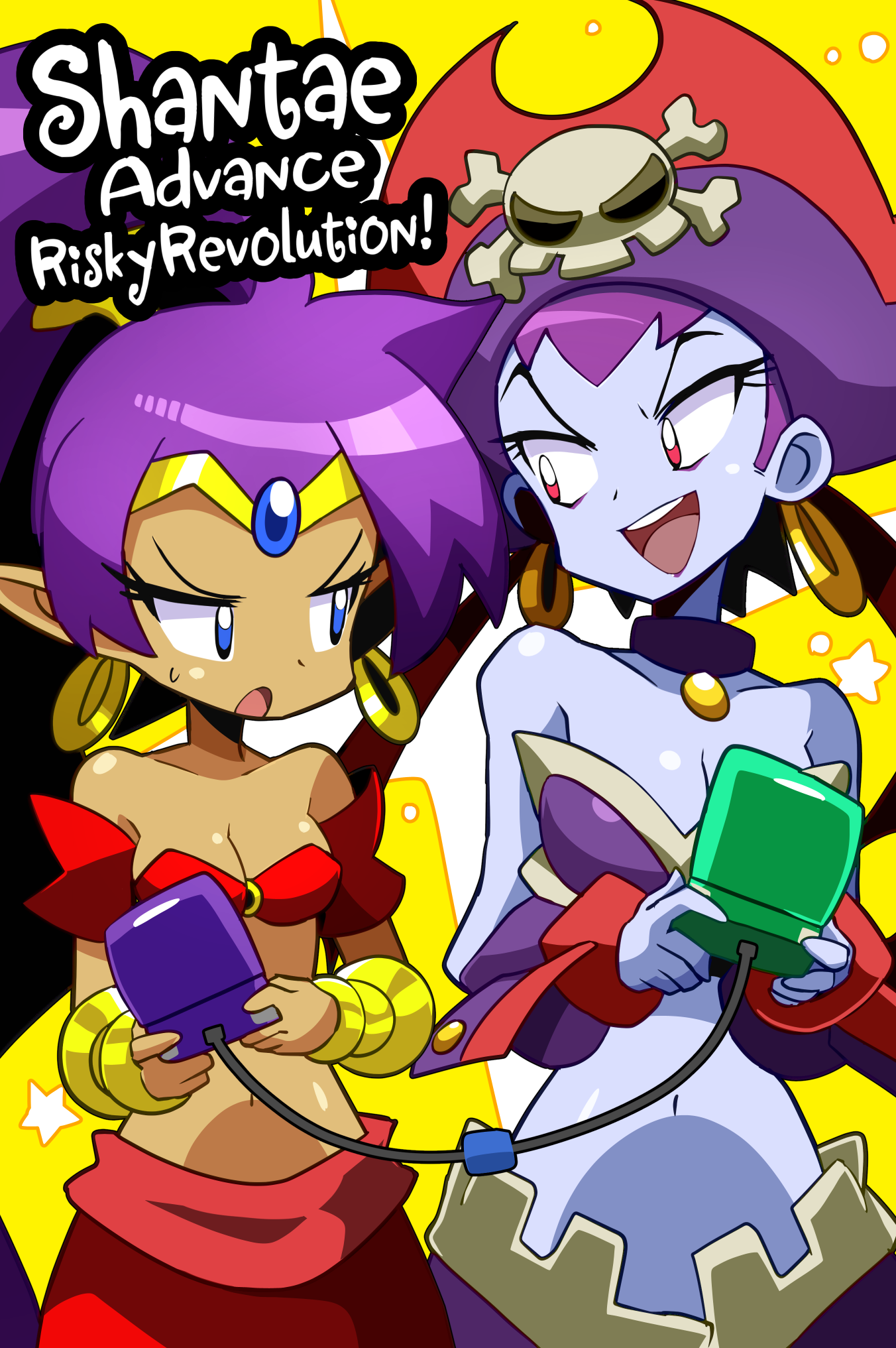 2girls bare_shoulders blue_eyes cable colored_skin earrings game_boy_advance_sp game_link_cable handheld_game_console hat highres jewelry multiple_girls navel open_mouth pirate pirate_hat purple_hair red_eyes risky_boots sakurajyousui_nami shantae shantae_(series) teeth tiara tongue upper_body
