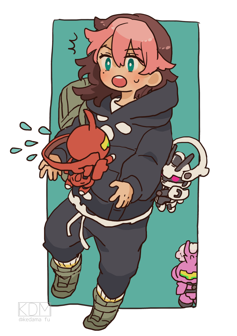 1boy backpack bag black_hoodie blue_eyes blush boots chibi darilbalde dilanza_guel_custom eyelashes flying_sweatdrops guel_jeturk gundam gundam_schwarzette gundam_suisei_no_majo hood hoodie hug kedama_fu male_focus mecha mole mole_under_eye robot twitter_username