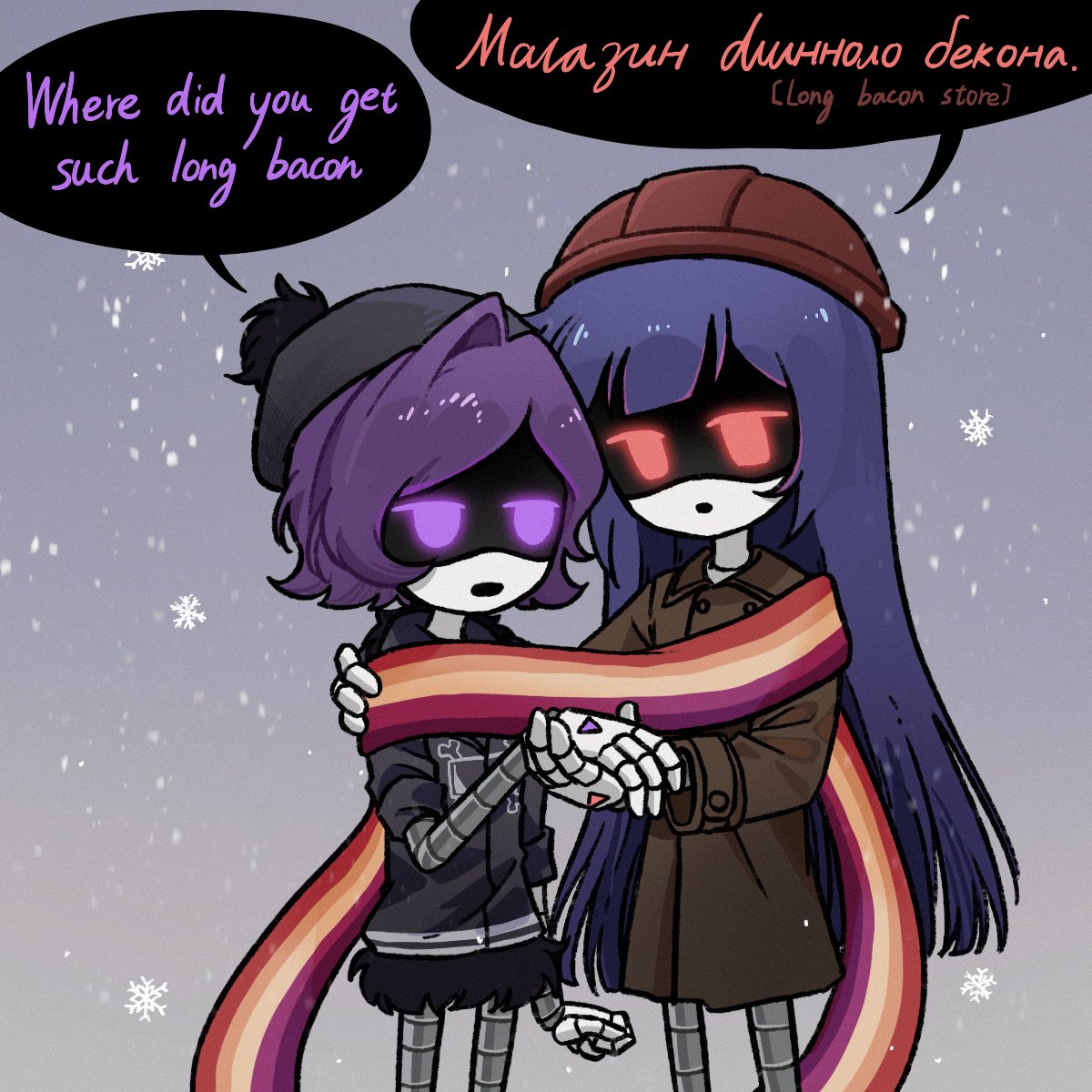 aida_(aidacamelia0516) android black_hat black_jacket brown_coat buttons coat cowboy_shot doll_(murder_drones) flag_print hands_up hat highres holding_hands jacket lesbian_flag lesbian_flag_print long_bacon_store_(meme) long_hair long_sleeves meme murder_drones neon_lights open_mouth purple_hair red_eyes red_hat revision scarf short_hair snow snowing striped_clothes striped_scarf uzi_(murder_drones) very_long_hair