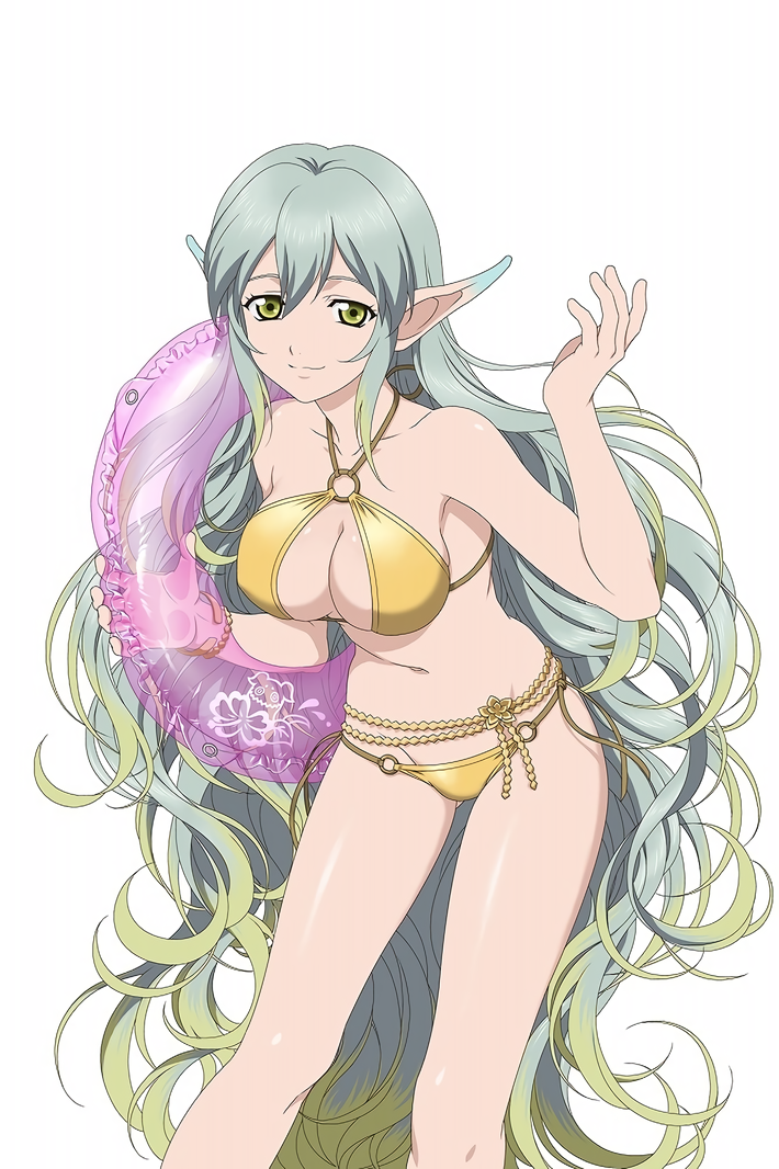 1girl bikini carrying female_focus green_eyes innertube long_hair multicolored_hair muzet_(tales) o-ring o-ring_bikini official_art pointy_ears simple_background smile solo swim_ring swimsuit tales_of_(series) tales_of_link tales_of_xillia very_long_hair white_background yellow_eyes