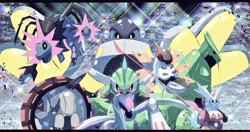 area_zero armor blue_eyes claws closed_mouth colored_skin fang fangs game_freak green_armor green_eyes green_hair humanoid_robot iron_bundle iron_hands_(pokemon) iron_jugulis iron_moth iron_thorns iron_treads iron_valiant joints metal multicolored_skin multiple_heads nintendo no_humans open_mouth pink_eyes pokemon pokemon_(creature) red_eyes robot robot_joints standing two-tone_skin weapon yellow_eyes zeroartwo