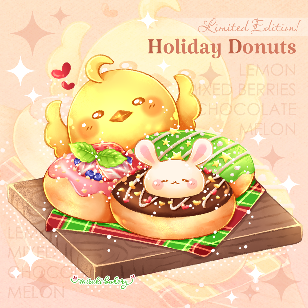 animal_focus artist_name beak bird blueberry blush_stickers brown_eyes chick chocomiruki closed_eyes commentary_request cutting_board donut english_text food food_focus fruit halftone heart icing in_food leaf light_particles napkin no_humans orange_background original rabbit sparkle sprinkles star_(symbol) strawberry strawberry_slice zoom_layer