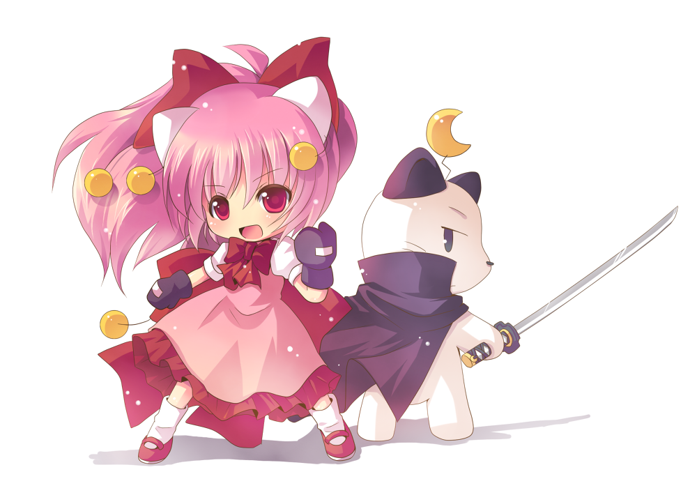 animal_ears black_cape boxing_gloves cape cat cat_ears dress gloves high_ponytail holding holding_sword holding_weapon moon nekojita_nekozukin nibii_(panda) open_mouth pink_dress pink_eyes pink_hair ponytail red_ribbon ribbon roppenchu_ma_heart simple_background smile sword towelket_wo_mou_ichido weapon