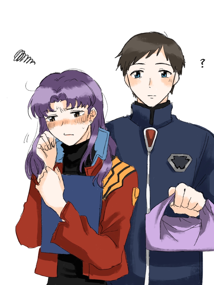 age_progression alternate_universe blue_eyes brown_eyes brown_hair childhood_friends highres ikari_shinji katsuragi_misato kiku_eva long_hair neon_genesis_evangelion nerv passage_of_time purple_hair simple_background white_background