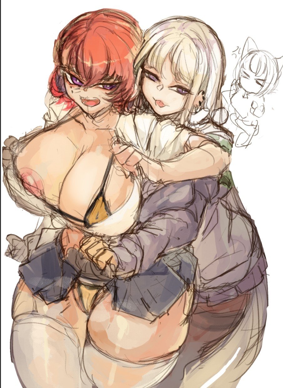 3girls bikini breasts character_request cheona_(last_origin) female_focus highres huge_breasts janghwa_(last_origin) larribee last_origin looking_at_viewer micro_bikini midriff miniskirt multiple_girls nipple_slip nipples open_mouth purple_eyes red_hair sketch skirt standing swimsuit thick_thighs thighhighs thighs vargr_(last_origin) white_background white_hair white_thighhighs yuri zettai_ryouiki