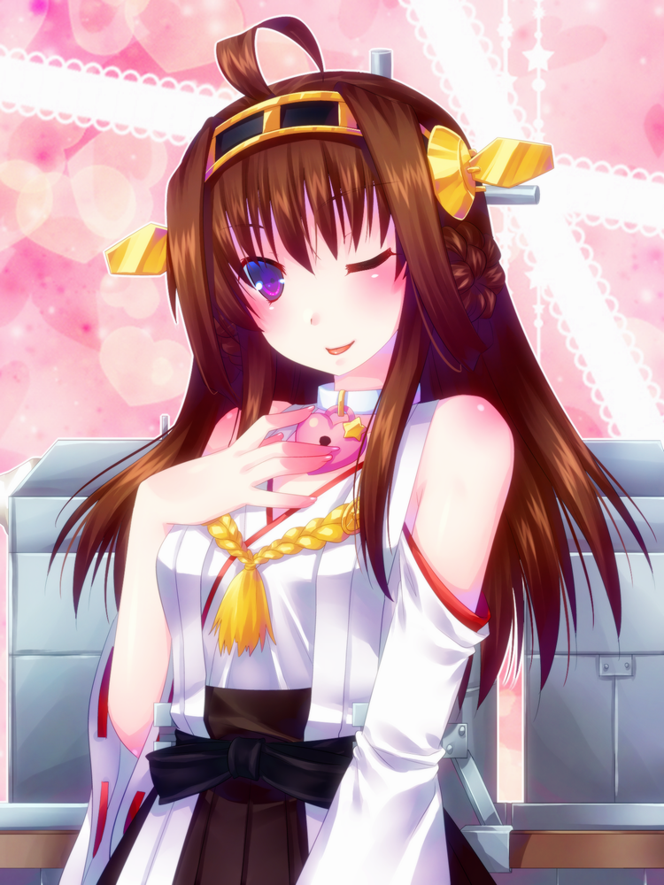 10s 1girl :p ahoge bad_id bad_pixiv_id brown_hair detached_sleeves door_to_heaven female_focus hairband heart heart-shaped_lock japanese_clothes kantai_collection kongou_(kancolle) lock long_hair looking_at_viewer machinery nontraditional_miko one_eye_closed purple_eyes ship_turret solo star_(symbol) tongue tongue_out wide_sleeves