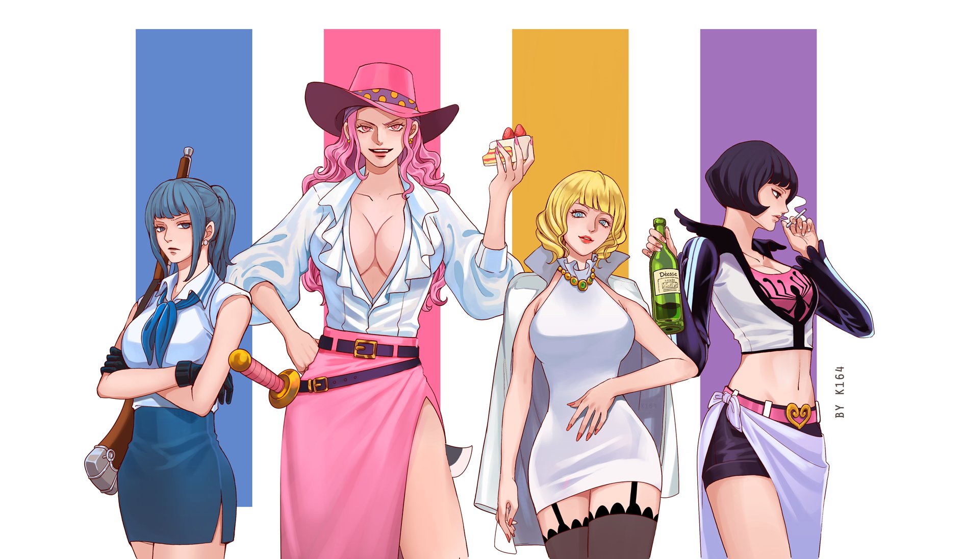 4girls aged_down arm_at_side artist_name bare_arms belt black_eyes black_hair blonde_hair blowing_smoke blue_eyes blue_hair blue_skirt bottle breasts buckingham_stussy cake cake_slice charlotte_linlin cigarette cleavage closed_mouth collarbone collared_shirt cowboy_shot cropped_jacket crossed_arms dress earrings expressionless food garter_straps gloves gun hand_on_own_hip hand_up hands_up hat height_difference high_ponytail highres holding holding_bottle holding_cake holding_cigarette holding_food jacket jacket_on_shoulders jewelry k164 large_breasts light_smile lips long_hair long_sleeves looking_at_viewer mature_female medium_hair midriff miniskirt multiple_girls nail_polish navel neckerchief necklace one_piece parted_lips pencil_skirt pink_eyes pink_hair pink_nails pink_skirt plunging_neckline ponytail red_nails sarong shakuyaku_(one_piece) shirt short_dress short_hair shorts side_slit skirt sleeveless sleeveless_dress smile smoke smoking stomach sword tall_female thighhighs tsuru_(one_piece) weapon white_dress white_jacket white_shirt wing_collar zettai_ryouiki