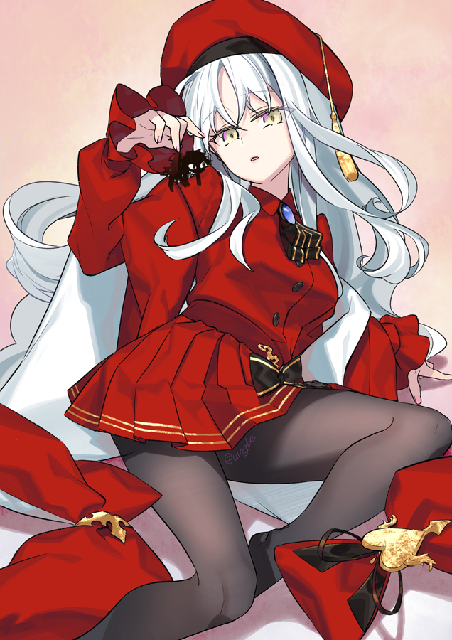 1boy 1girl angra_mainyu_(fate) beret breasts brooch brown_pantyhose caren_hortensia caren_hortensia_(amor_caren) caren_hortensia_(amor_caren)_(second_ascension) dress fate/grand_order fate_(series) gold_trim hat jewelry long_hair long_sleeves looking_at_viewer medium_breasts mini_person neck_ribbon negi_(ulog&#039;be) pantyhose parted_lips pink_background red_dress red_hat ribbon shawl shroud_of_magdalene thighs wavy_hair white_hair yellow_eyes