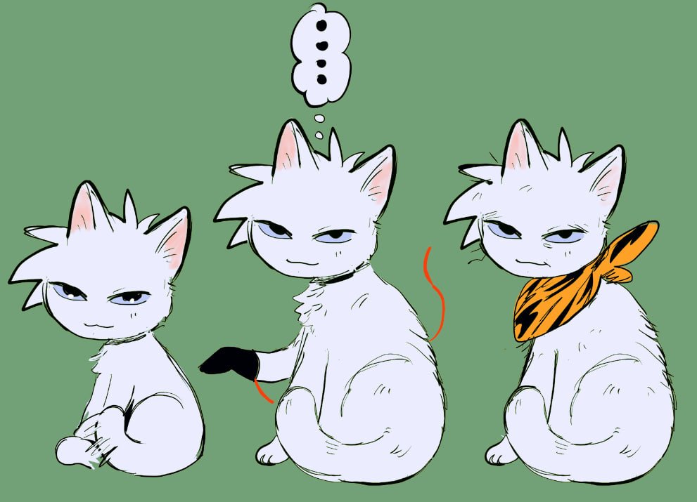 ... :3 age_progression akagi:_yami_ni_oritatta_tensai akagi_shigeru animal_print animalization bandana black_gloves blue_sclera cat closed_mouth colored_sclera commentary fukumoto_mahjong full_body gloves green_background italian_commentary looking_at_viewer no_humans orange_bandana print_bandana simple_background single_glove smile spoken_ellipsis ten_(manga) tiger_print tzk6996 white_cat