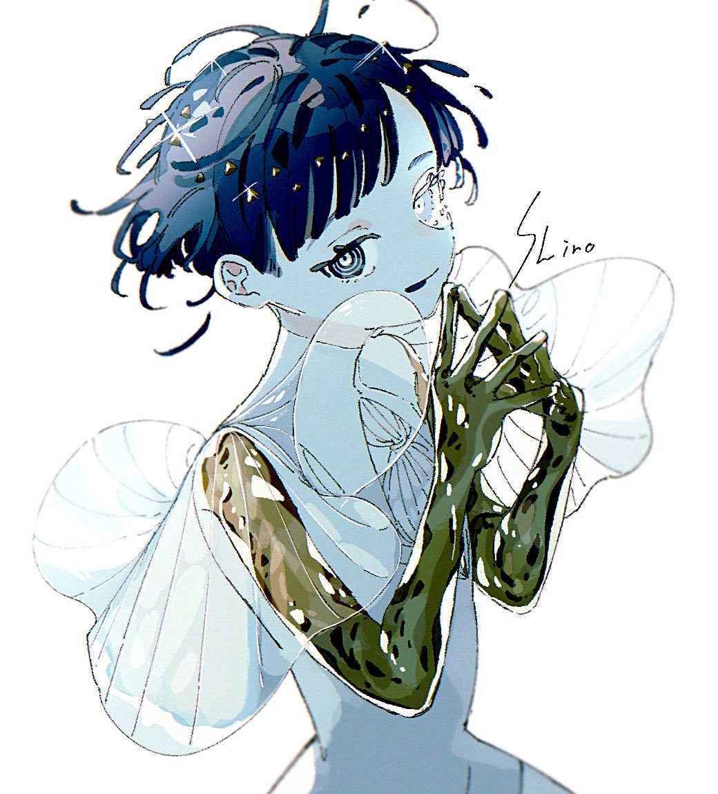 1other blue_eyes blue_hair colored_skin golden_arms houseki_no_kuni looking_at_viewer moon_uniform_(houseki_no_kuni) other_focus phosphophyllite phosphophyllite_(ll) shiro_(kuro_guu) short_hair simple_background solo steepled_fingers upper_body white_background white_skin