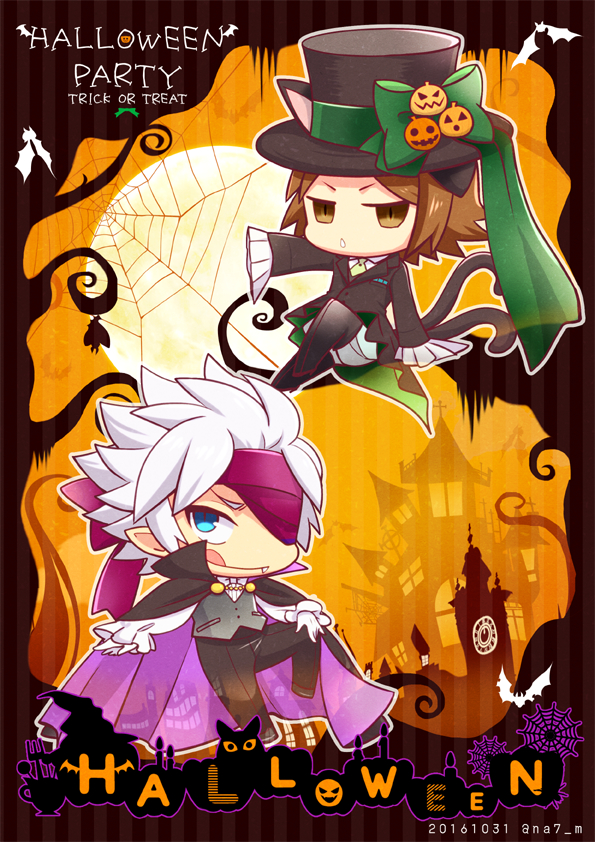 2boys :o :q animal_ears brown_eyes brown_hair cape cat_boy cat_ears cat_tail chibi chibi_only chousokabe_motochika_(sengoku_basara) dated fang halloween hat looking_at_viewer male_focus mouri_motonari_(sengoku_basara) multiple_boys multiple_tails murakami_nana nekomata pointy_ears sengoku_basara sleeves_past_fingers sleeves_past_wrists slit_pupils tail tongue tongue_out top_hat twitter_username two_tails vampire vampire_costume vest waistcoat