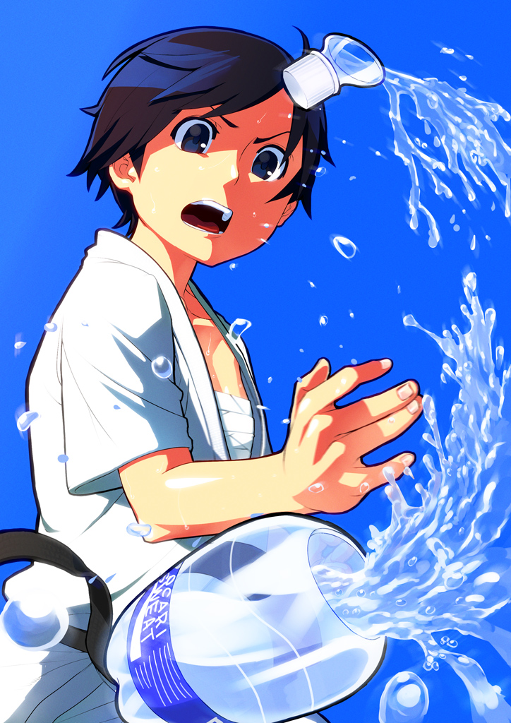 1girl bad_id bad_pixiv_id bandages black_eyes black_hair bottle brown_eyes brown_hair chop dackq dougi female_focus japanese_clothes karate karate_gi open_clothes open_mouth open_shirt original pocari_sweat sarashi shirt short_hair solo splashing tomboy water