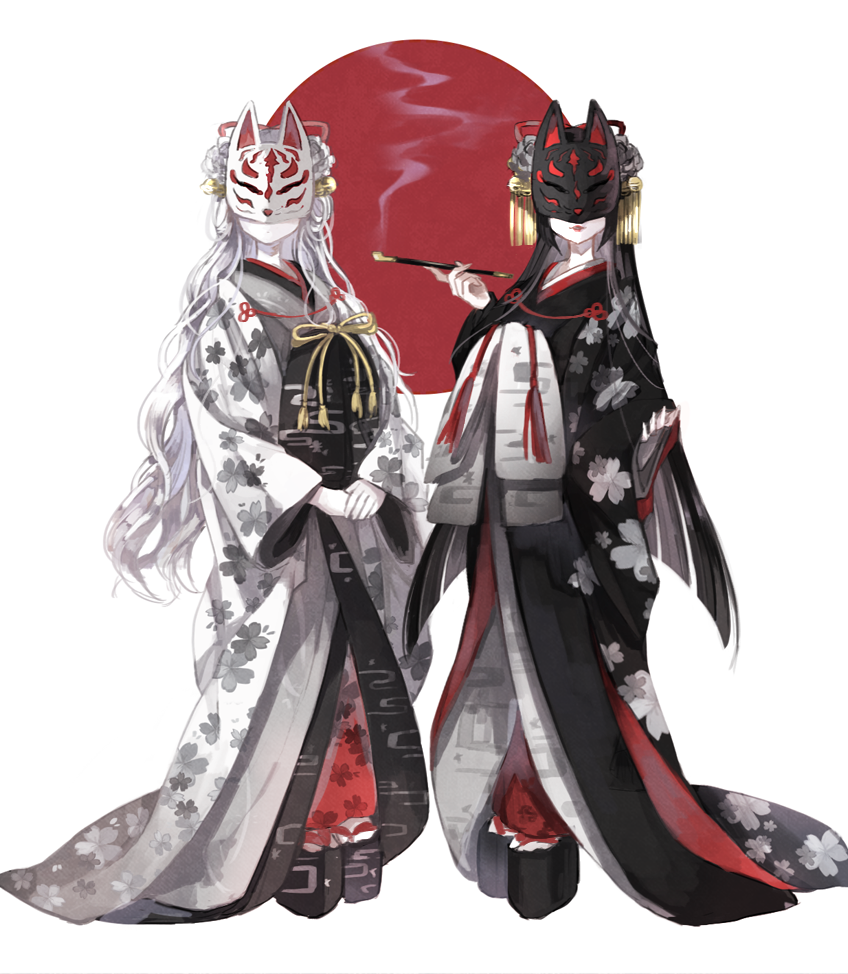 2girls bell black_bow black_hair bow egasumi expressionless fox_mask full_body geta hime_cut holding holding_smoking_pipe japanese_clothes jingle_bell kimono kiseru long_hair long_sleeves looking_at_viewer mask multiple_girls obi original oro_ponzu outstretched_hand own_hands_together pale_skin parted_lips platform_clogs red_lips sash smoke smoking_pipe socks standing straight_hair tabi tassel v_arms very_long_hair wavy_hair white_bow white_hair white_legwear wide_sleeves