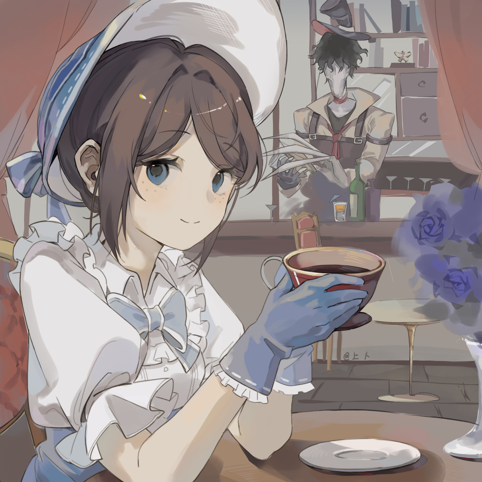 1boy 1girl black_hair black_hat blue_bow blue_bowtie blue_eyes blue_flower blue_gloves blue_rose bonnet bottle bow bowtie brown_hair chinese_commentary claws closed_mouth commentary_request cup emma_woods flower freckles frilled_gloves frilled_sleeves frills gloves hat highres holding holding_cup identity_v indoors jack_(identity_v) puffy_short_sleeves puffy_sleeves ribbon-trimmed_gloves ribbon_trim rose saucer shang_bu shirt short_hair short_sleeves smile teacup white_bonnet white_shirt